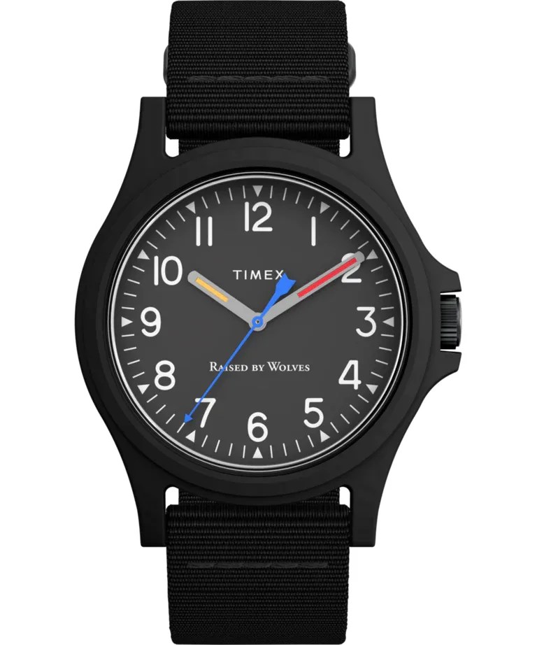 black timex watch with colorful handset