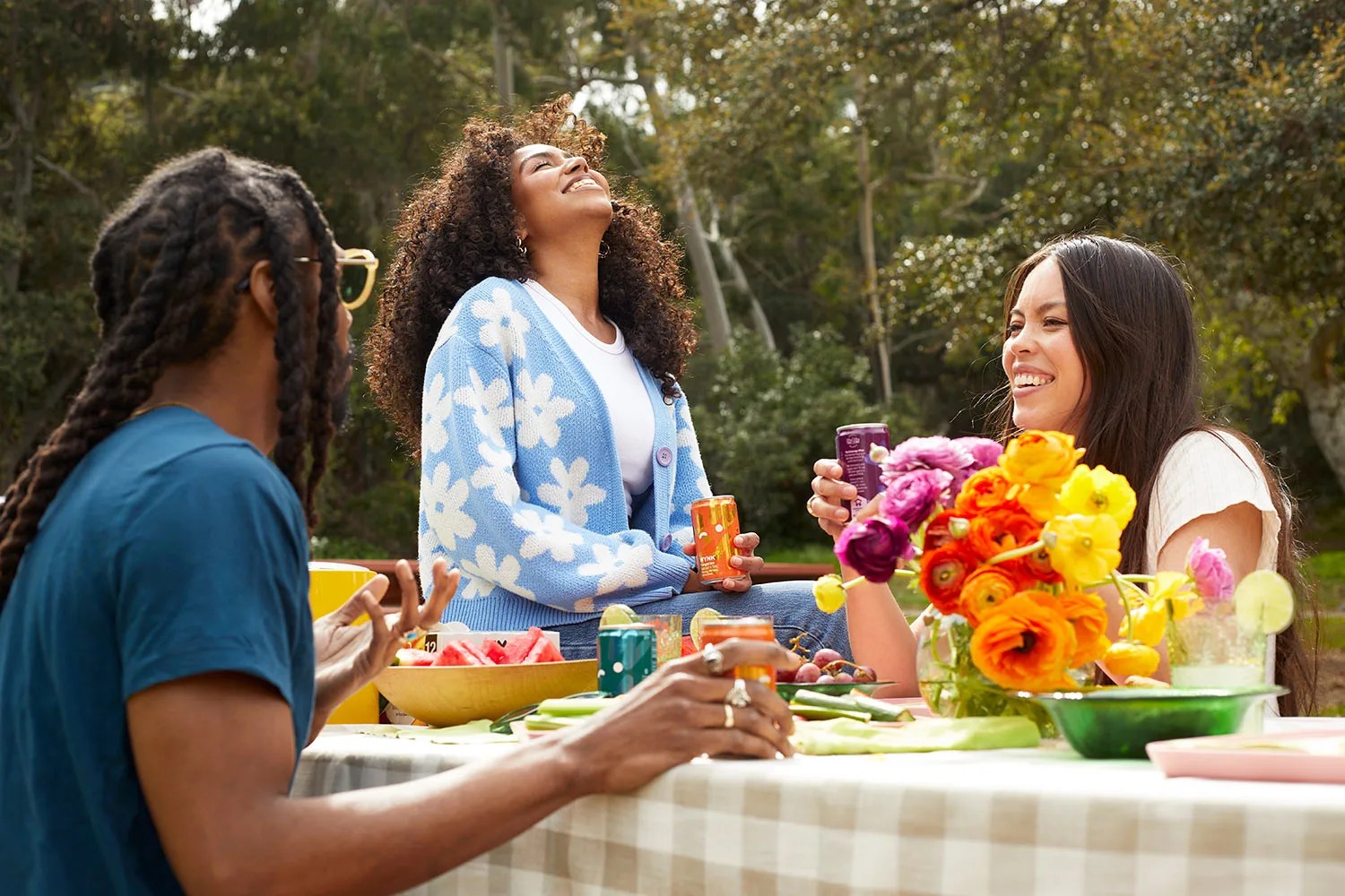 people drinking seltzer at picnic table laughing