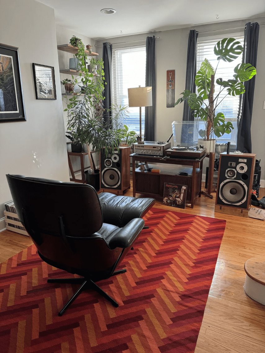 a living room with a chair, rug, and many plants
