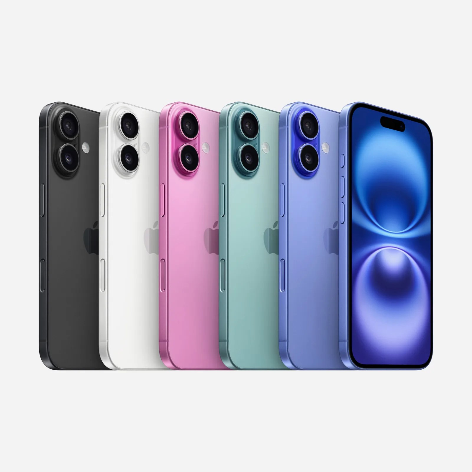 Apple iPhone 16 lineup shown at angle that includes all six colors inlcuding black, white, ping, light green, and light blue.