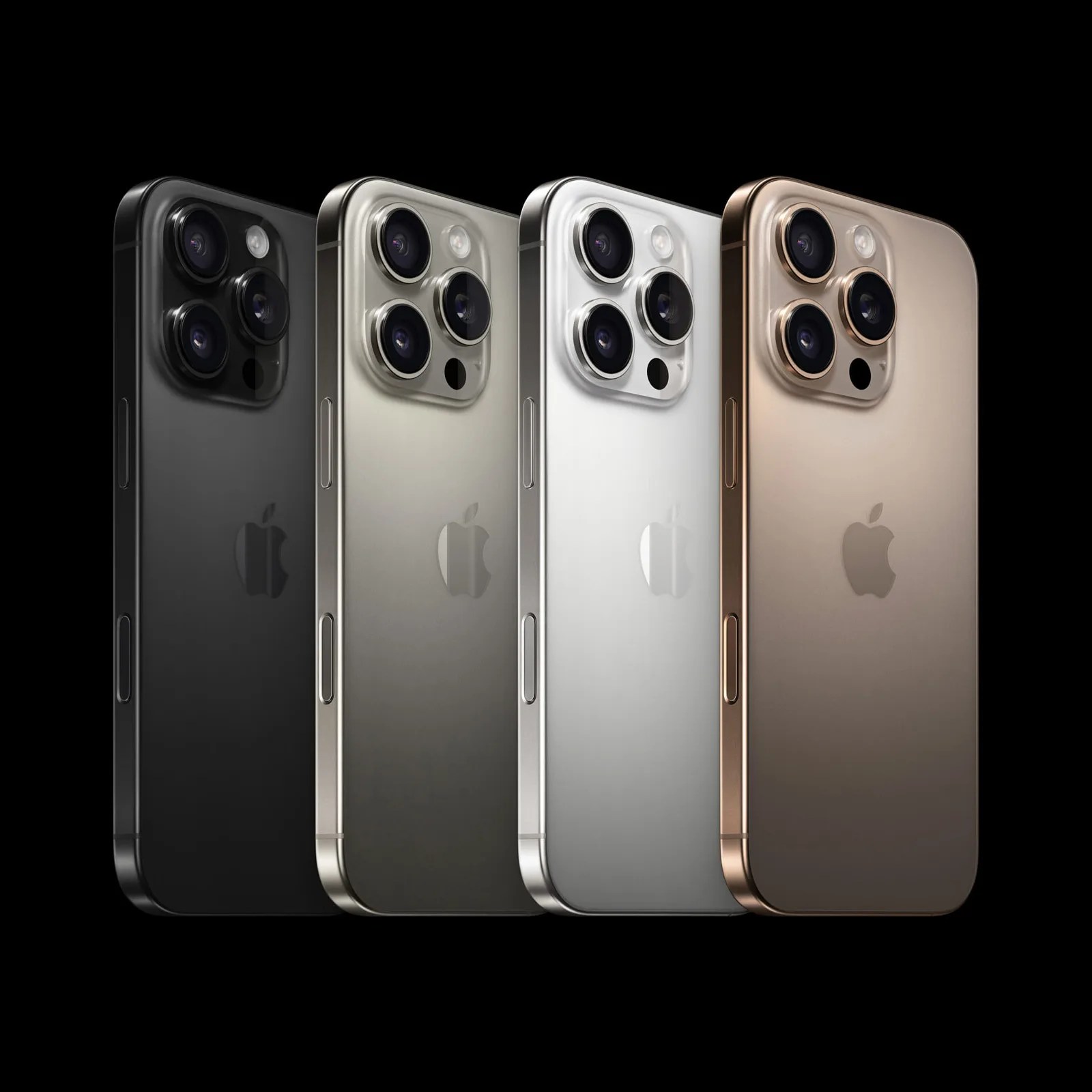 Apple iPhone 16 Pro models in various colors shown from side in against a black backround