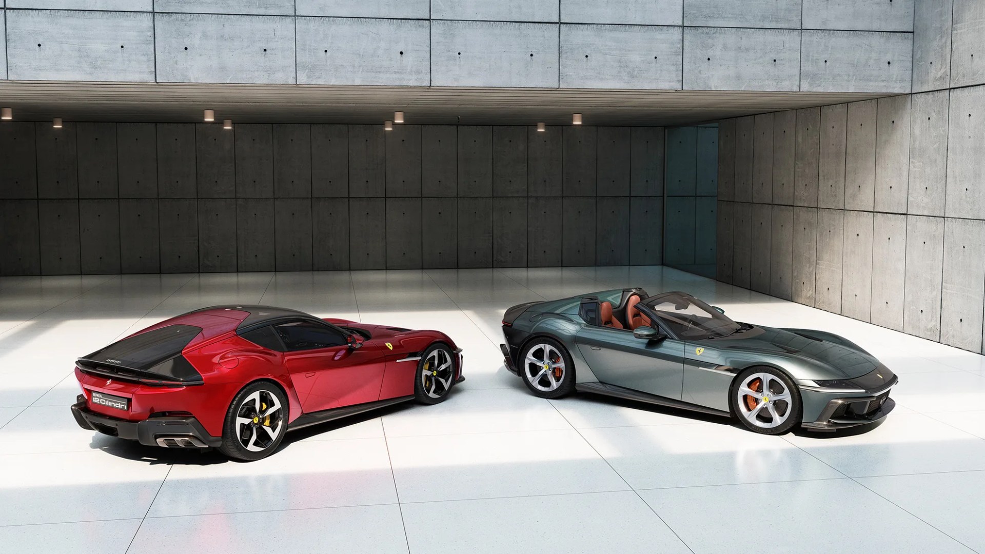 Ferrari 12Cilindri coupe and convertible models parked front to back in a v pattern in front of a modern building.