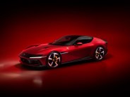 Ferrari 12Cilindri in red on red background viewed from diagonal angle