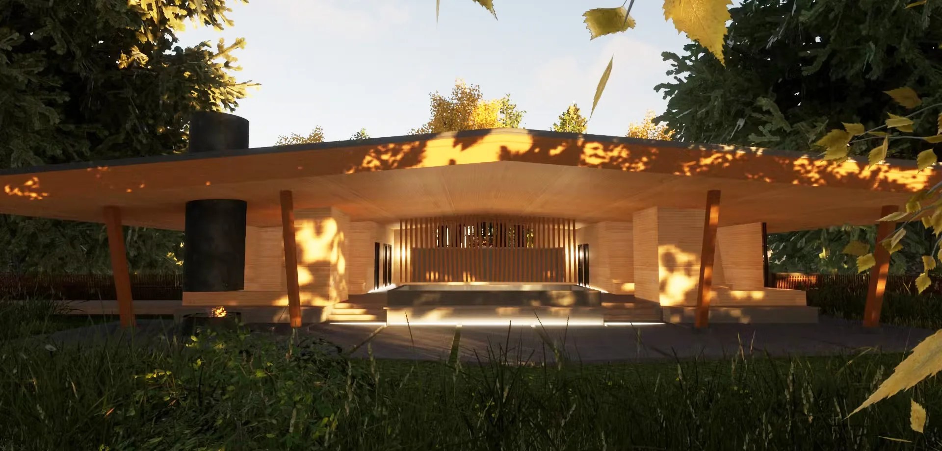 Exterior day time image of the Snow Peak Campfield Ofuro Japanese pool, cold plunge and sauna