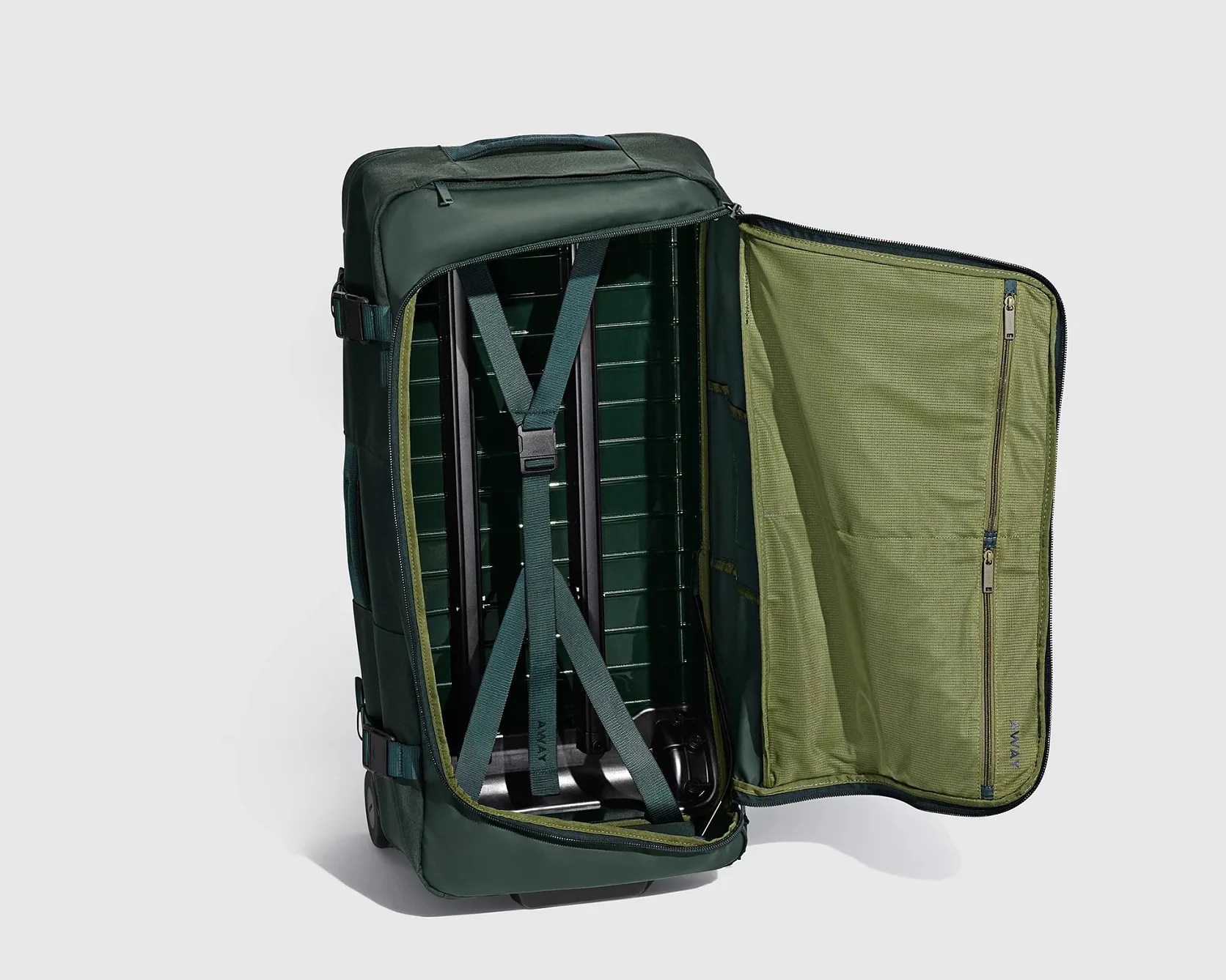 green duffel bag standing upright