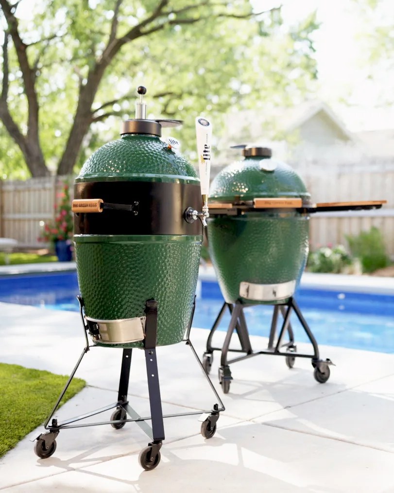 Big Green Egg keg and grill by a pool
