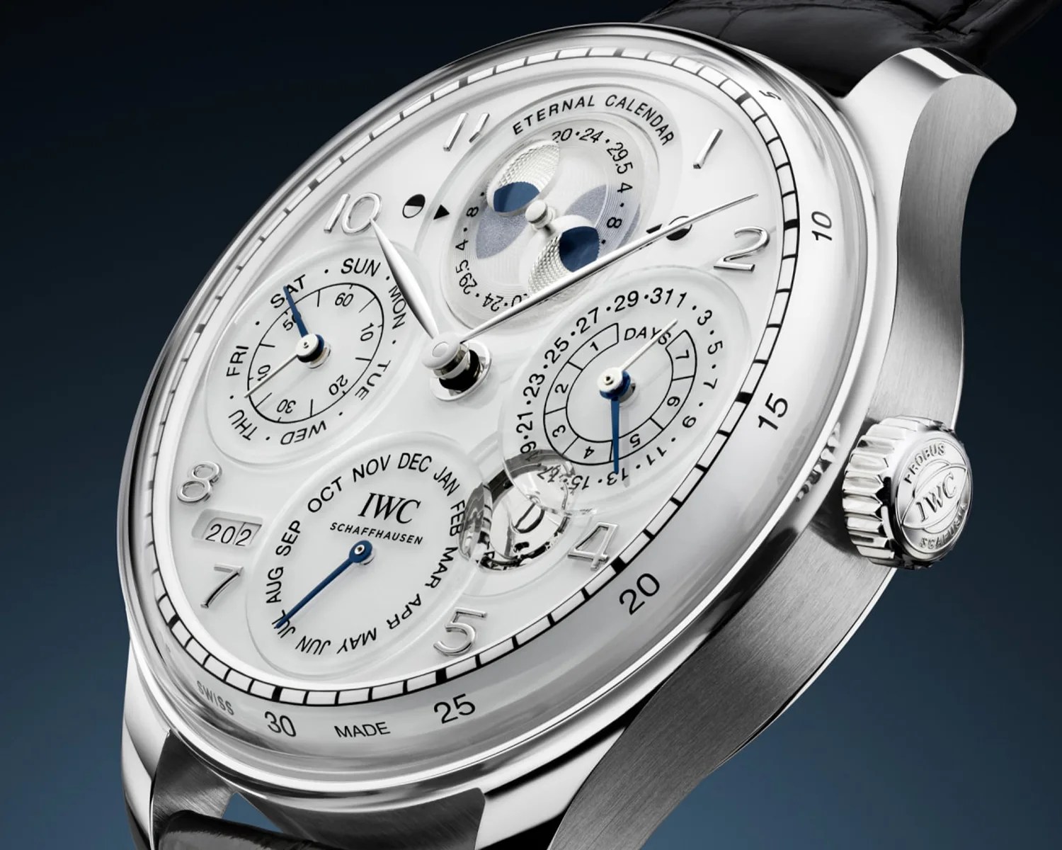 a closeup of an iwc eternal calendar watch