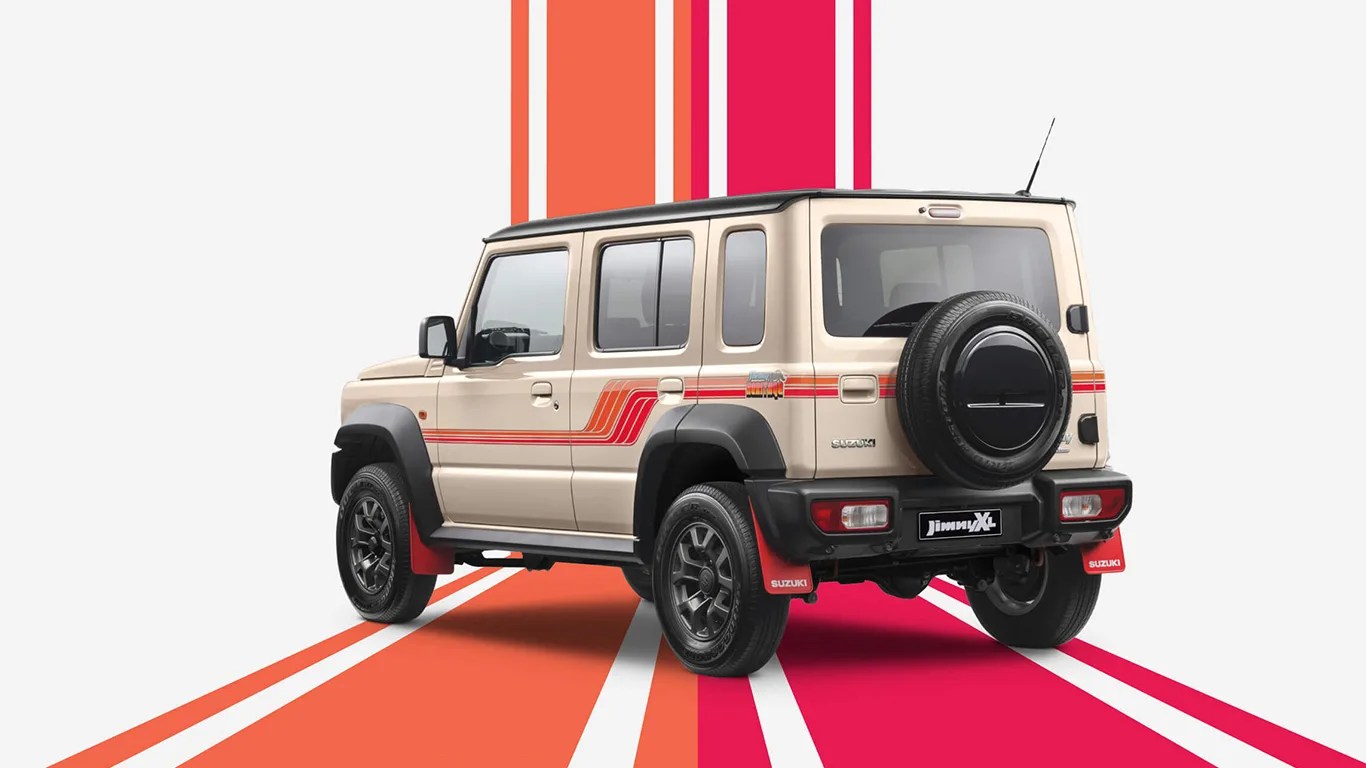 suzuki suv against a colorful retro backdrop
