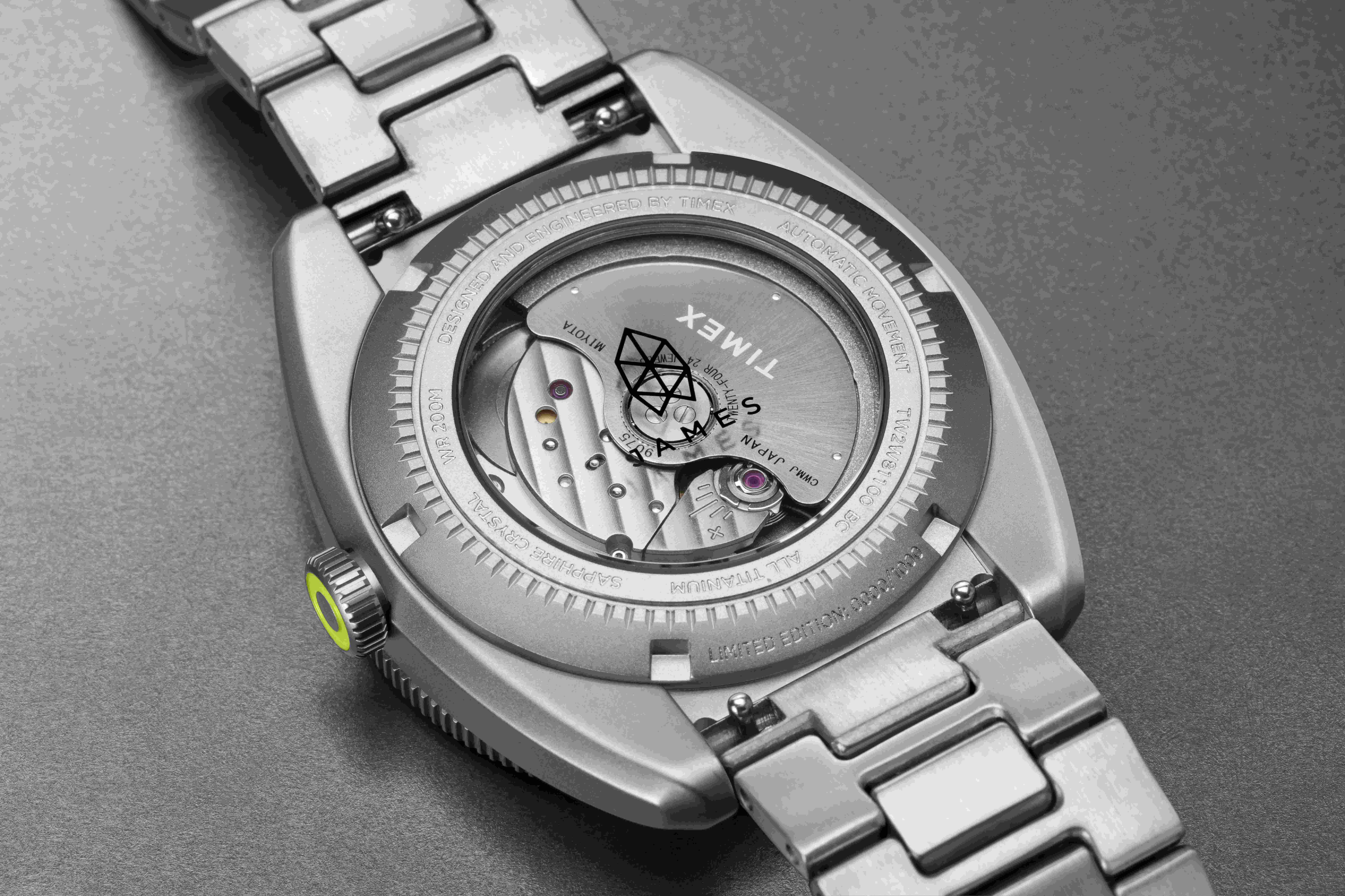 timex x james brand watch caseback showing automatic movement