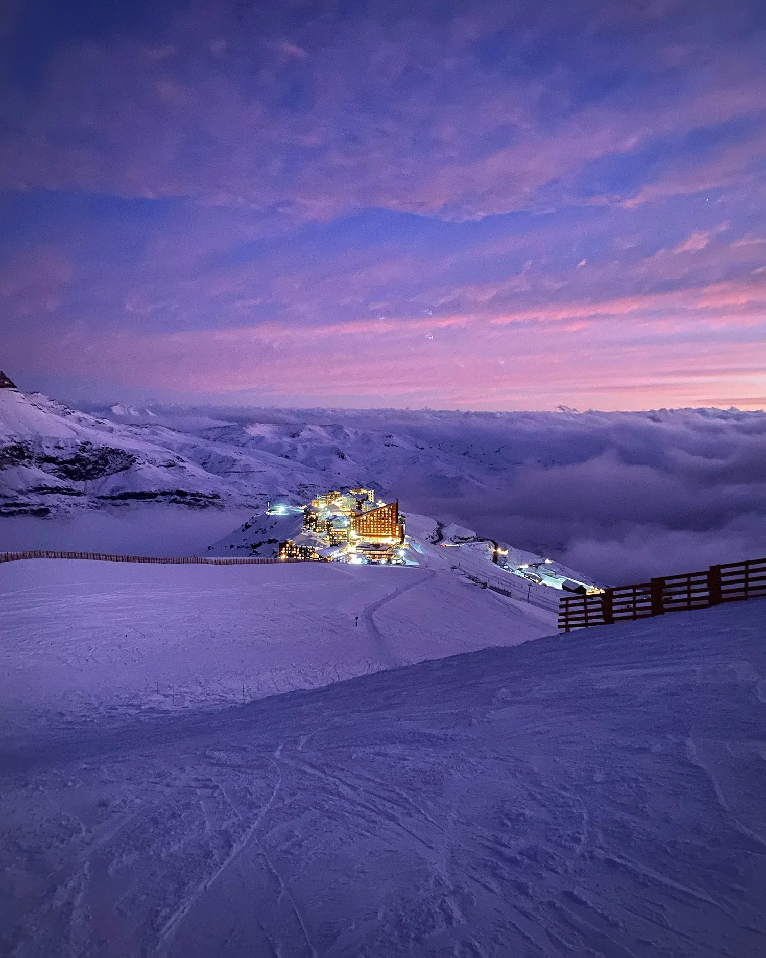 ski resort with purple sunset