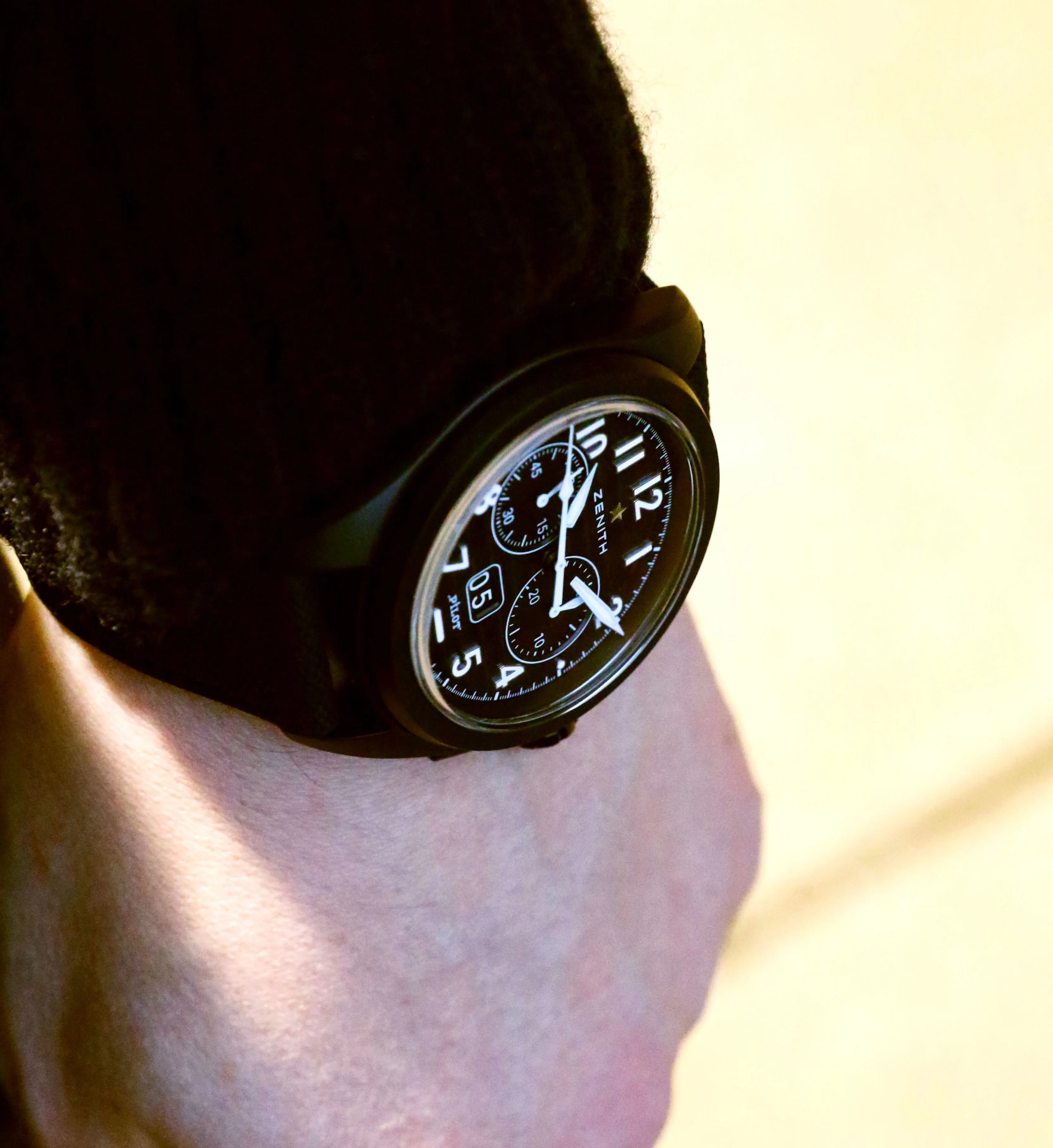 zenith pilot watch on wrist