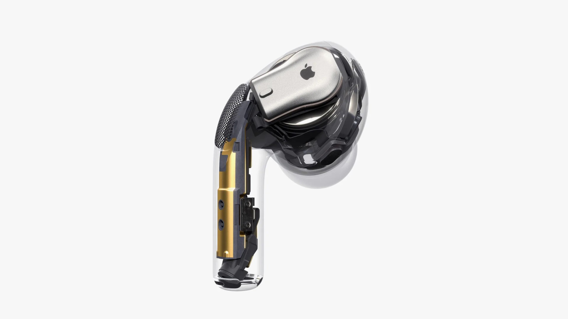 Translucent view of a single Apple AirPod Pro showing the inner components of the wireless earbud