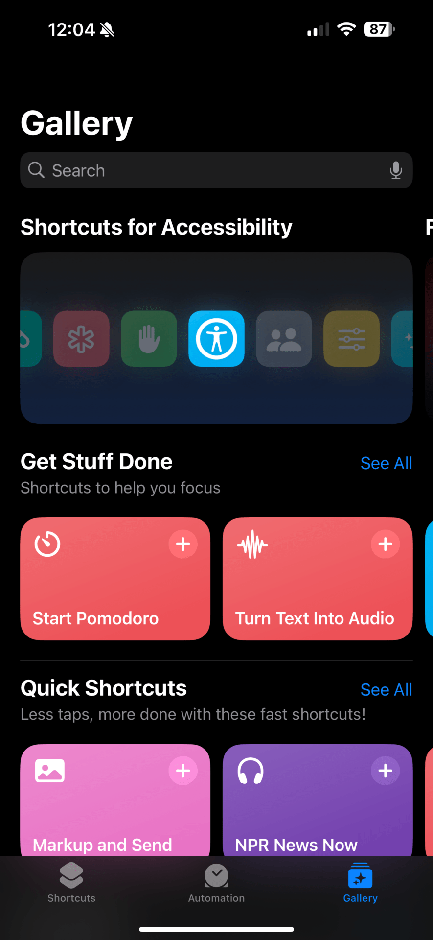 An iPhone screenshot of the iOS shortcuts app showing the area marked shortcuts for accessibility. 