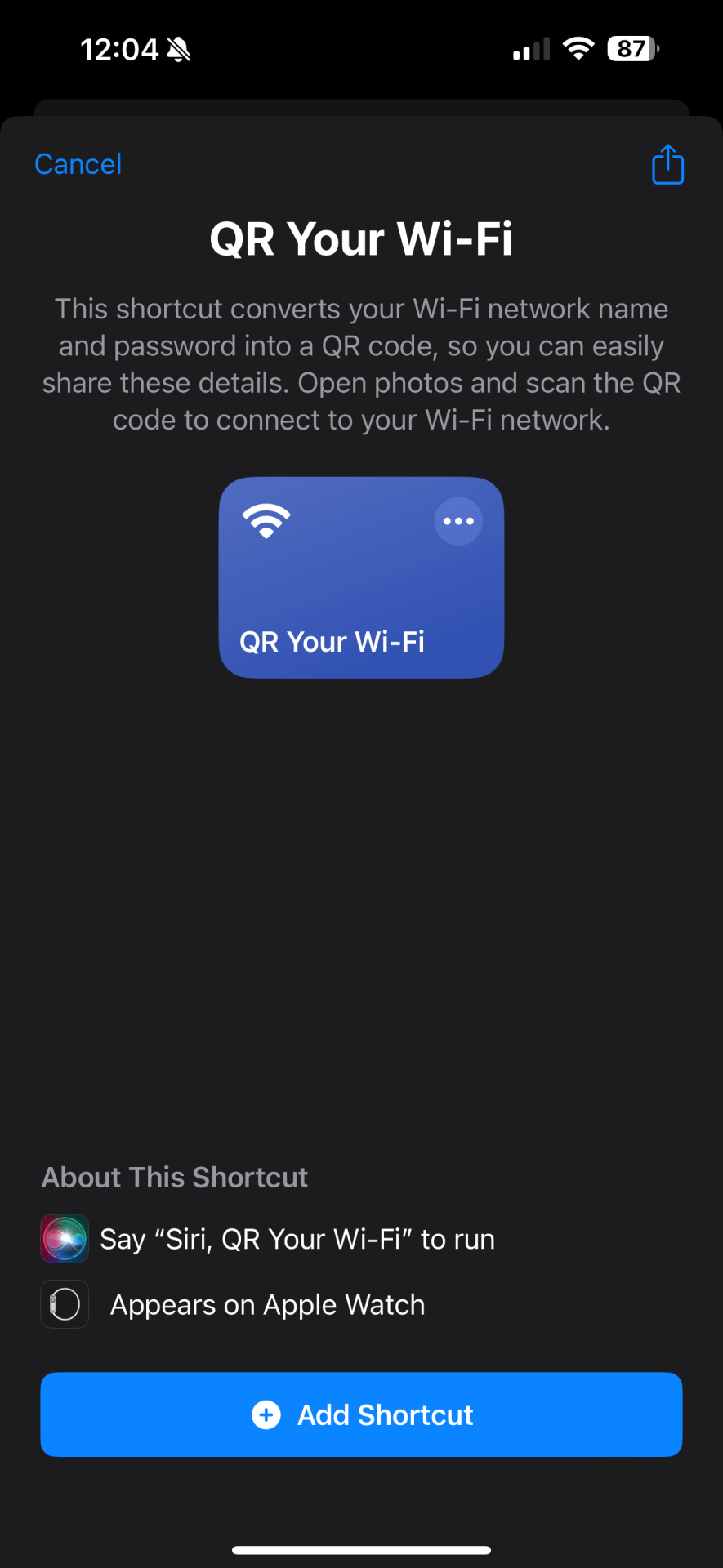 An iPhone screenshot of the iOS shortcuts app showing the QR Your Wi-Fi shortcut block.