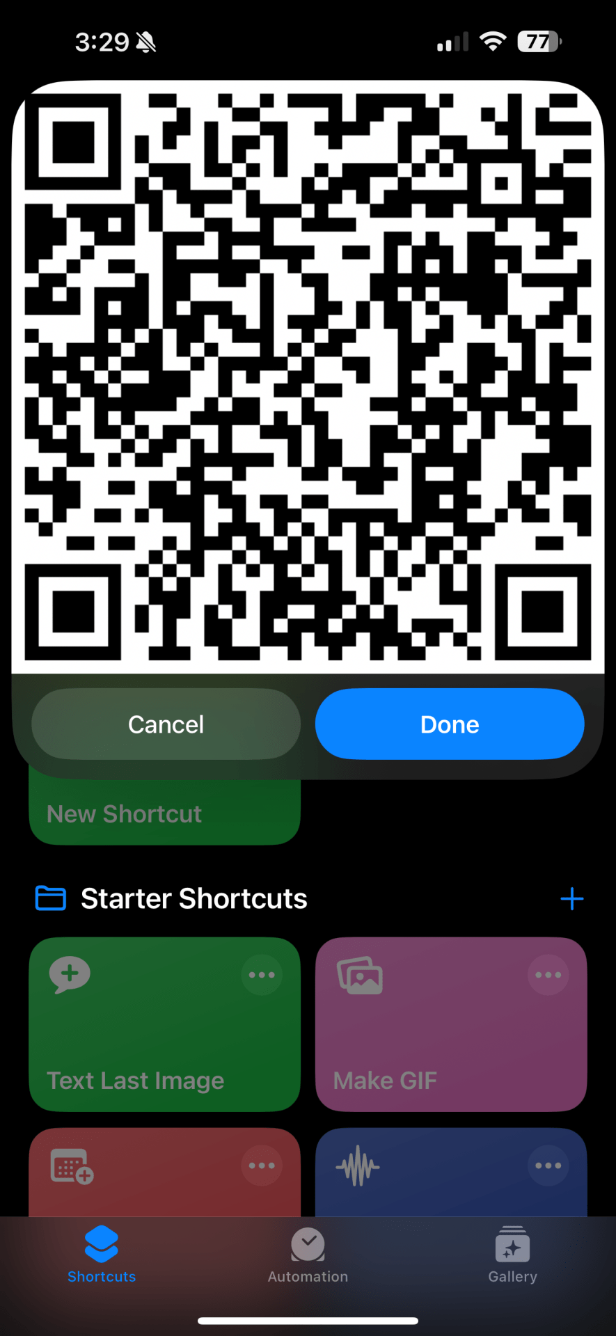 An iPhone screenshot of the iOS shortcuts app showing the Wi-Fi network QR code the Apple shortcut creates. 