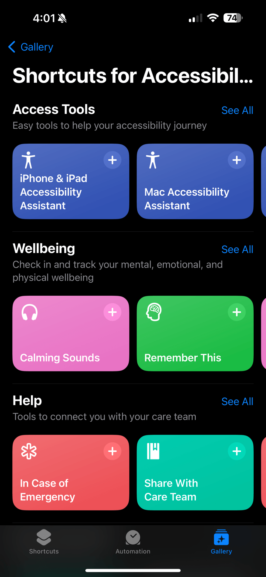 An iPhone screenshot of the iOS shortcuts app showing the area marked access tools. 