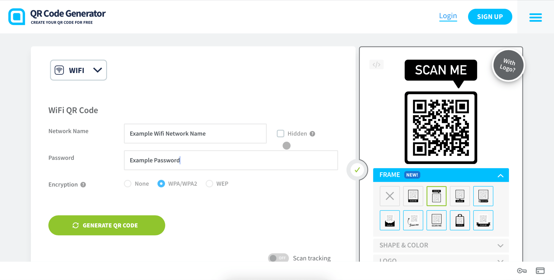 Screen shot of QR-Code-Generator.com showing the form fields users need to fill in to generate a QR code for their Wifi. 