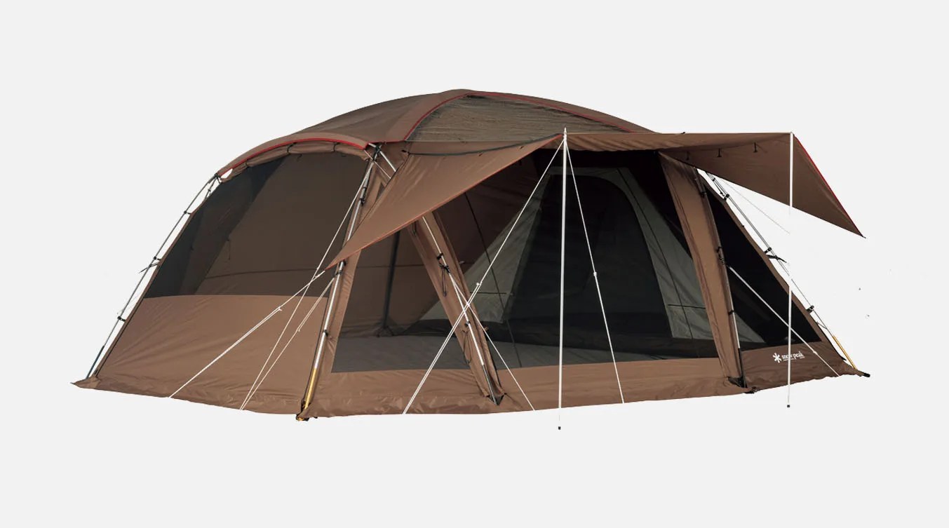 Snowpeak Fubi tent shown setup with extended awning on grey background