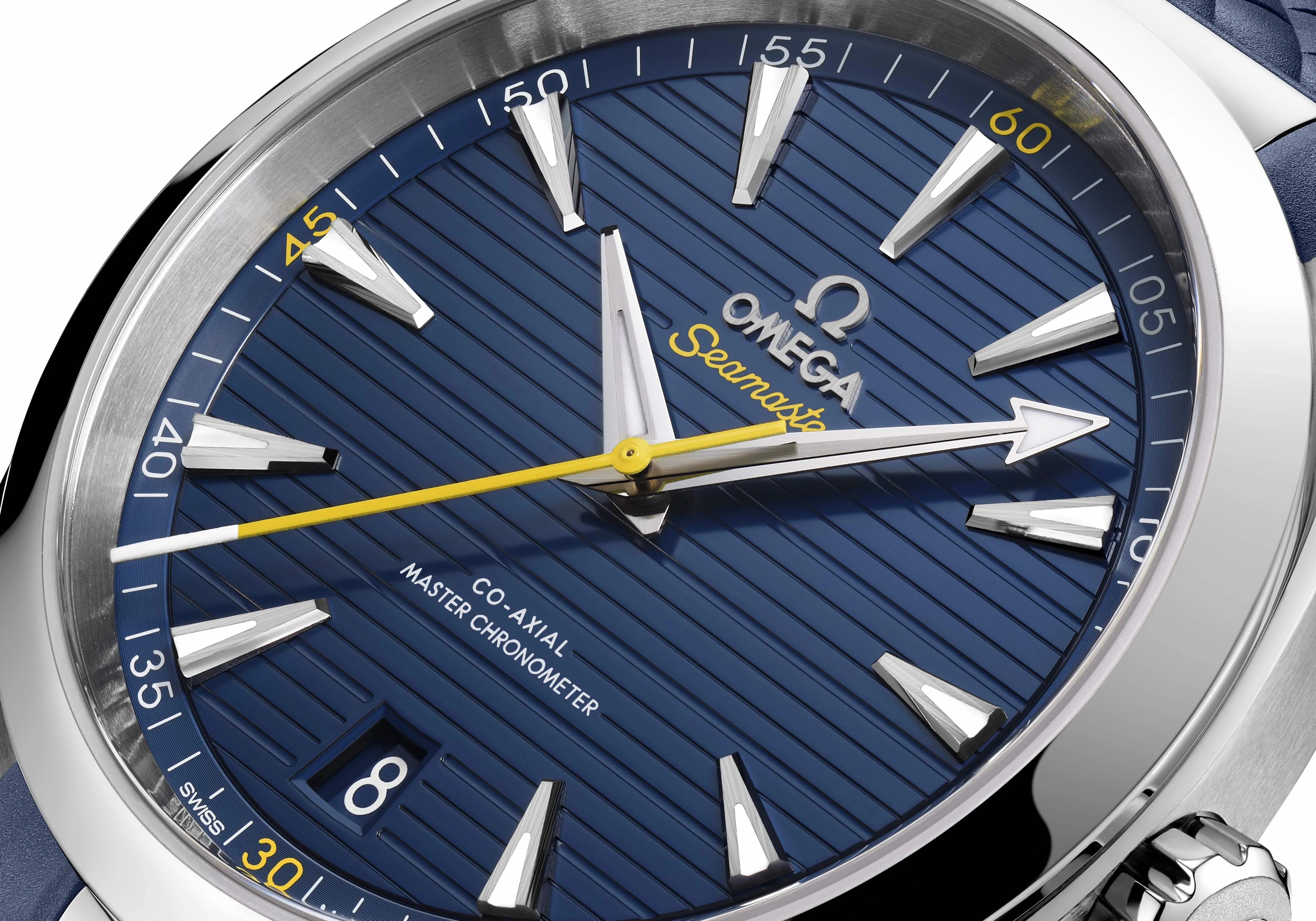 blue omega watch dial closeup