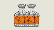 Two illustrated bottles of whiskey cut into puzzle pieces blending together on a tan background