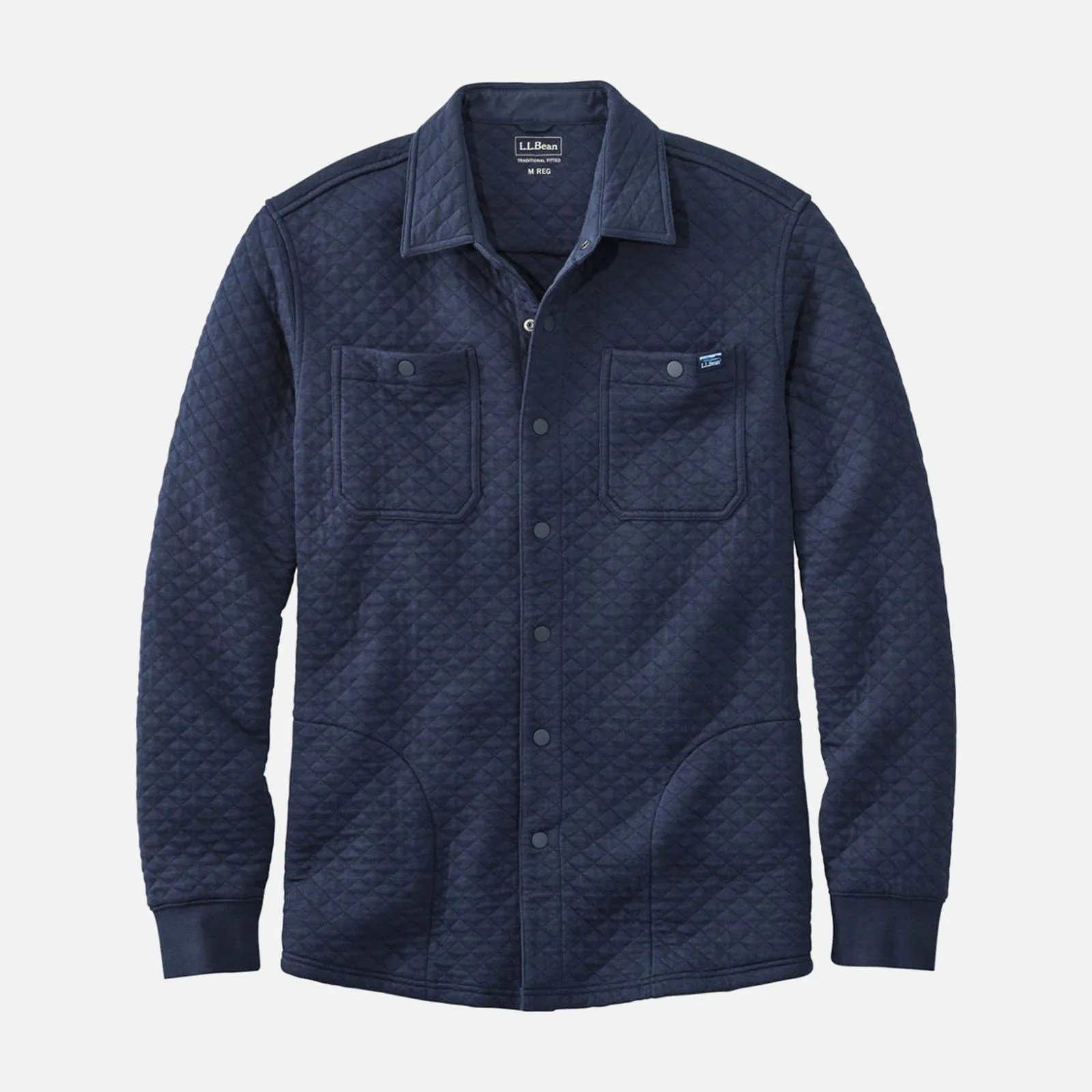 L.L. Bean quilted sweatshirt laid flat in navy on a white background