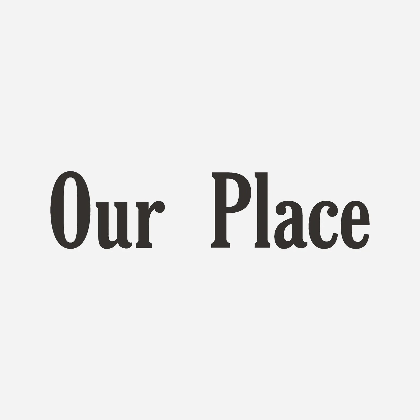 Our Place wordmark on black against a grey background