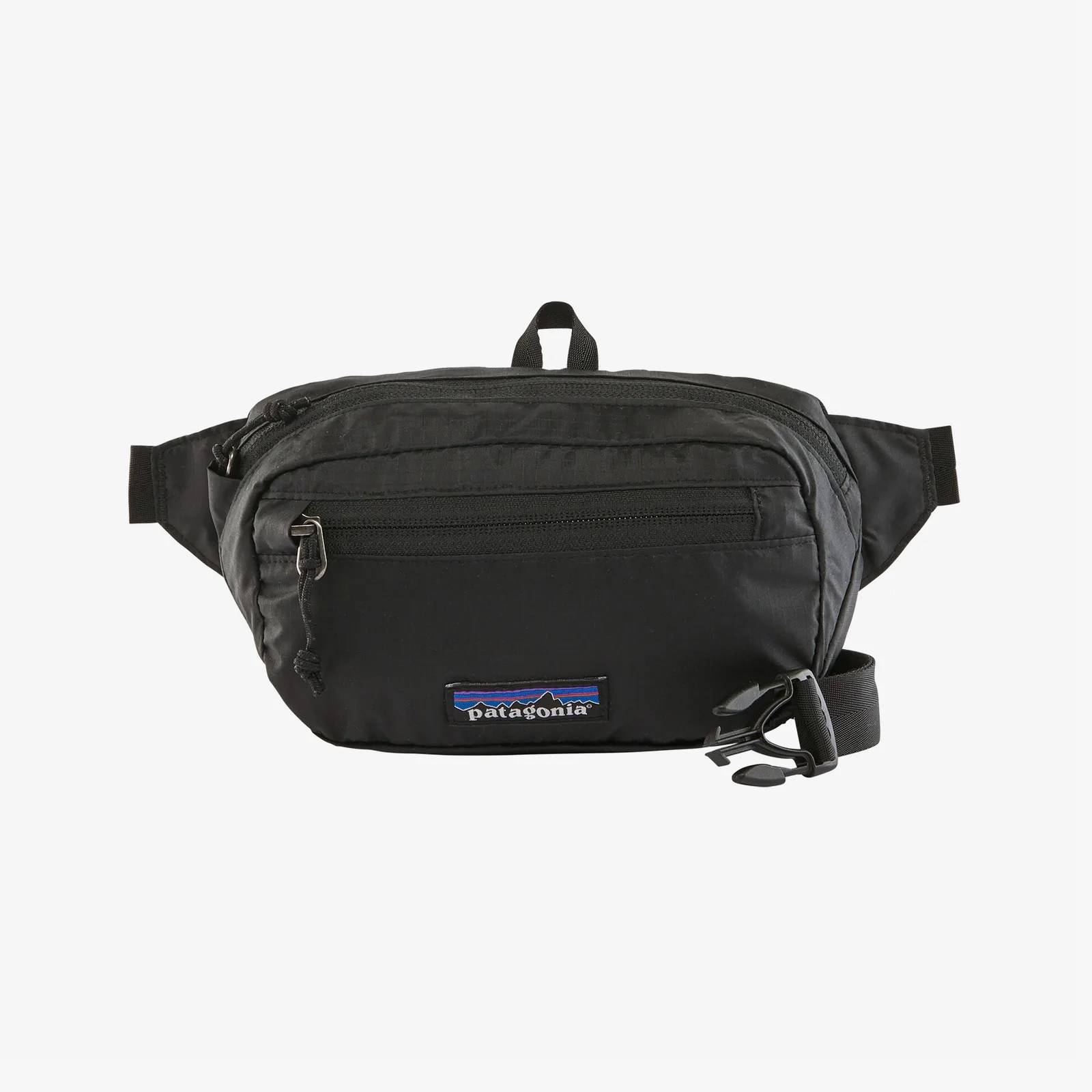 A black Patagonia Ultralight Black Hole Mini Hip Pack 1L