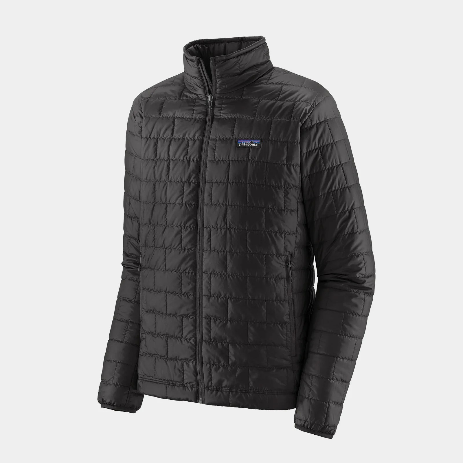 A black patagonia nano puff jacket shown rendered against a greyish background