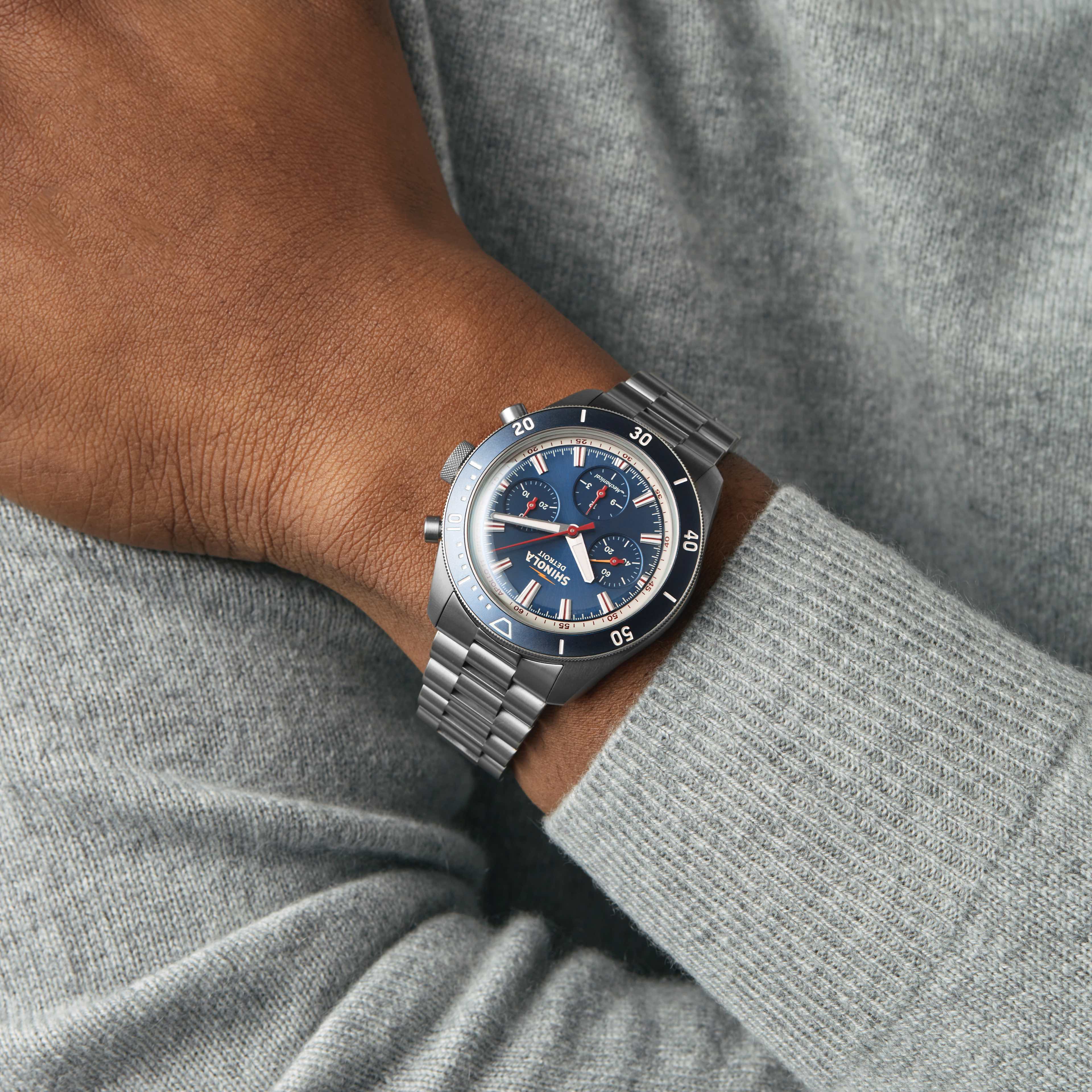 shinola watch on a mans wrist