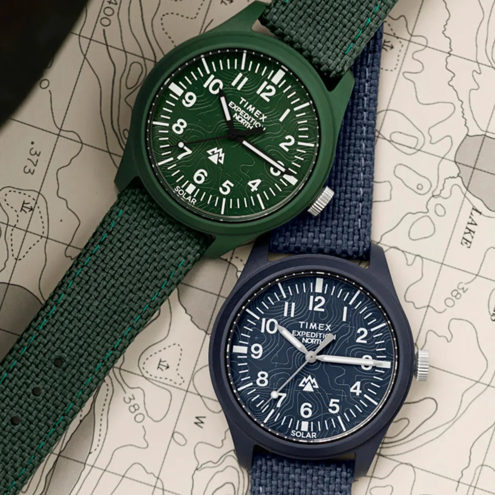 Timex Expedition Taprock watches laid flat on a map