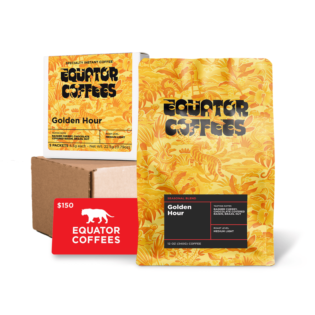 a collection of equator coffees products including golden hour coffee beans, golden hour instant coffee, and a $150 gift card
