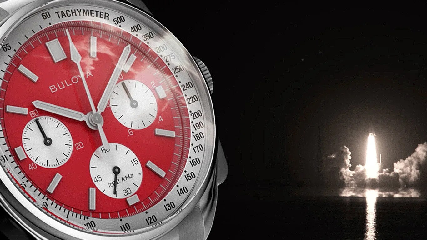 bulova chronograph watch superimposed over an image of a rocket launch