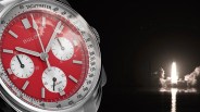 bulova chronograph watch superimposed over an image of a rocket launch