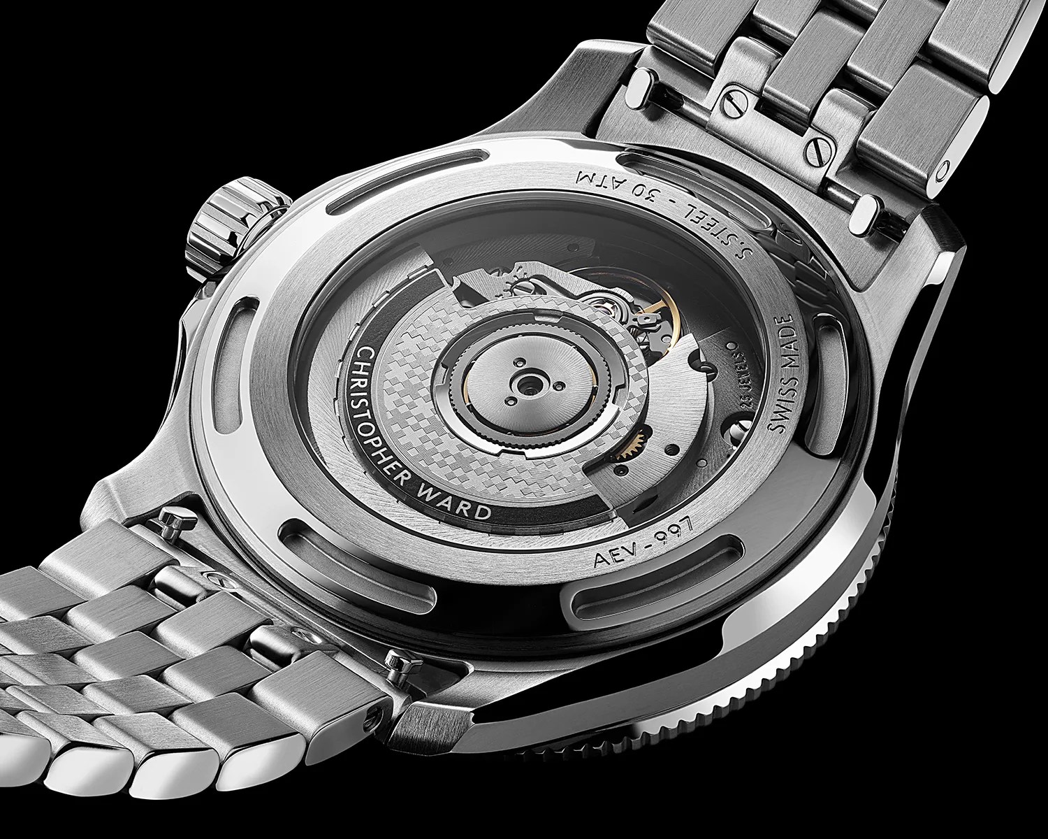 christopher ward automatic watch movement shown through a clear caseback