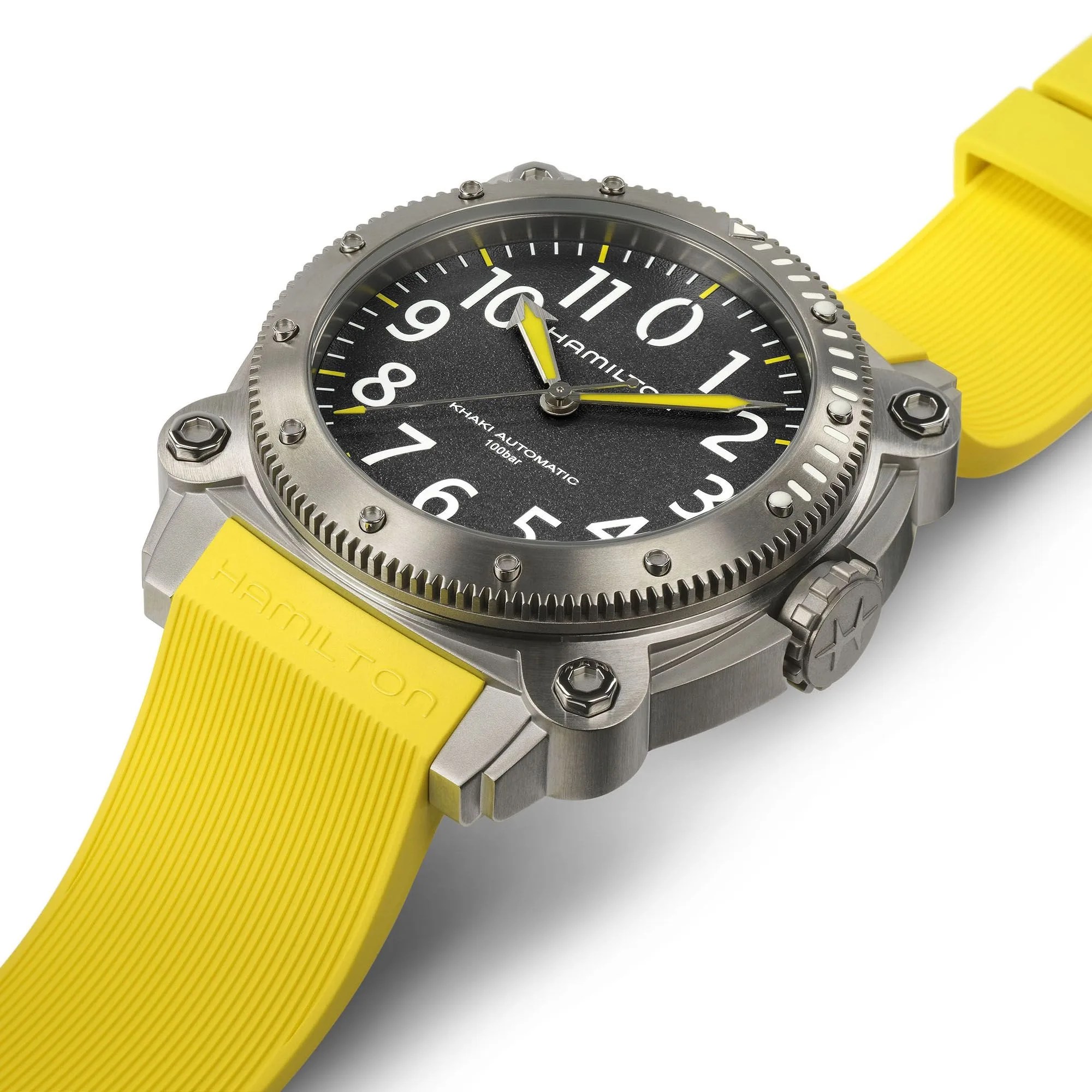 hamilton dive watch with yellow strap