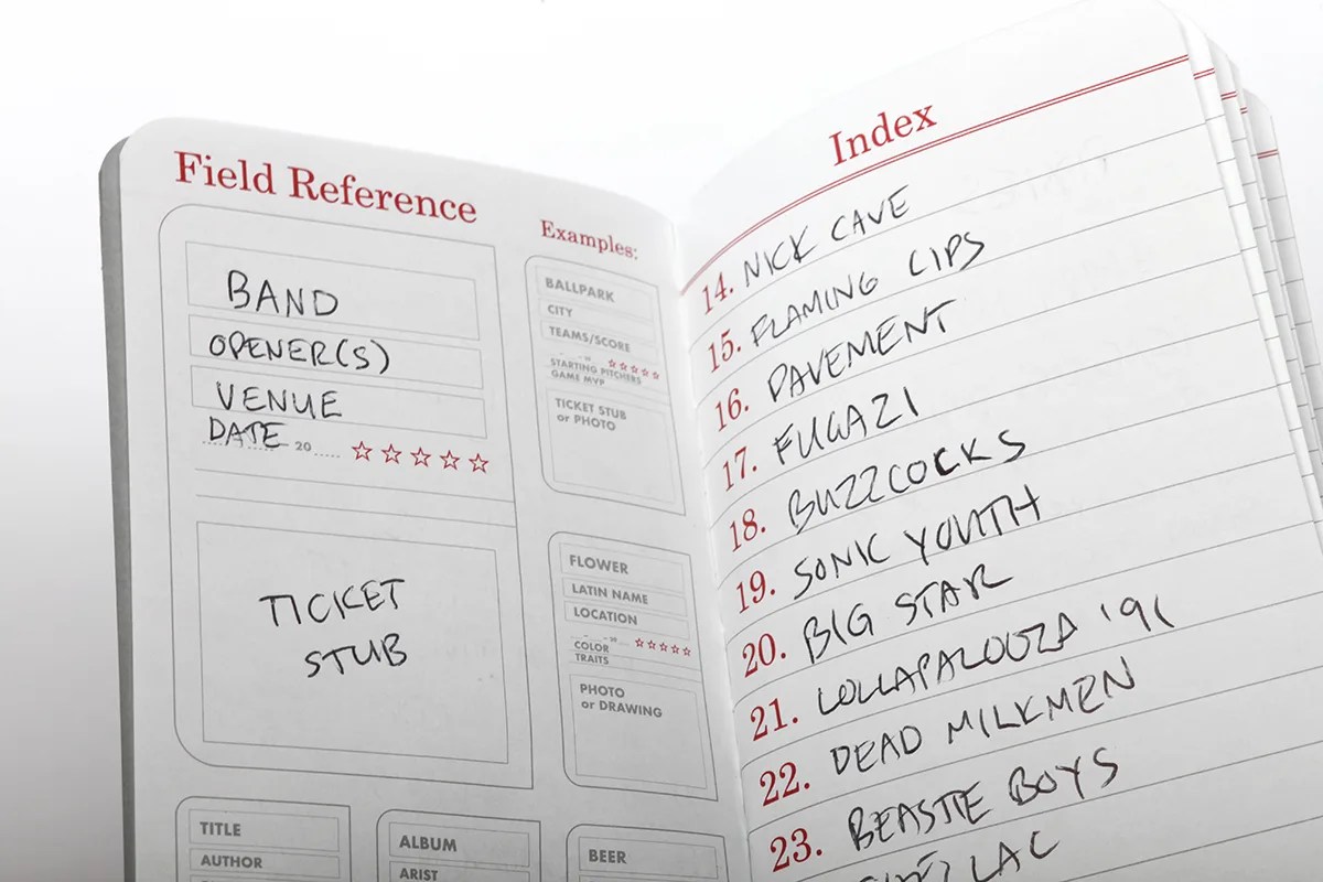 An opened page of the Field Notes Log notebook showing an index where users can write in the fields they will follow for logging information as well as a page index.