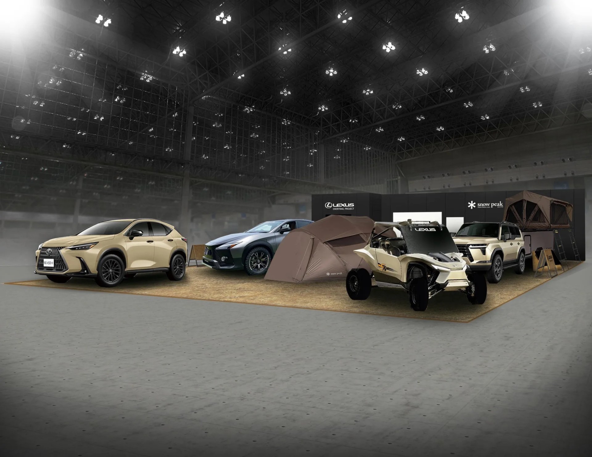 a render showing lexus vehicles with snow peak camping gear