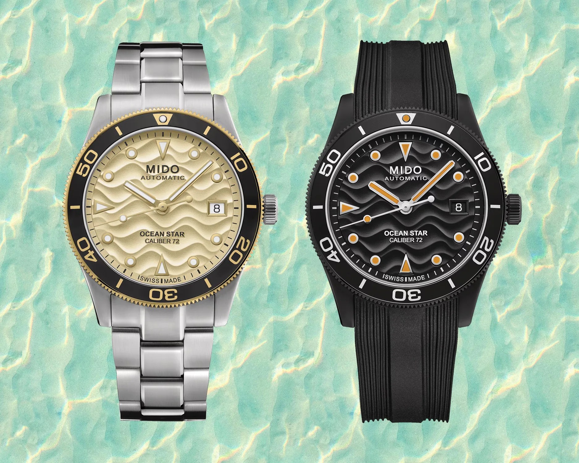 mido dive watches over a watery background