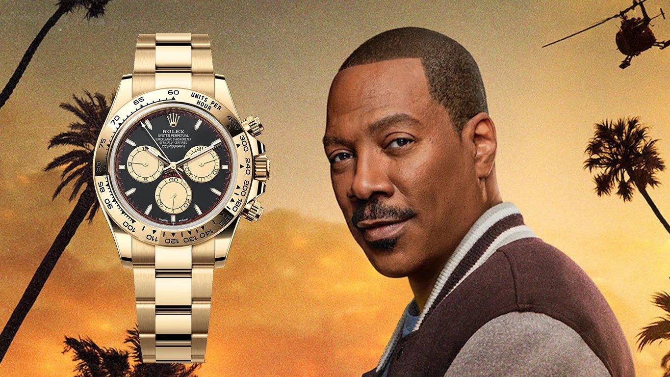 a gold rolex watch is superimposed over a beverly hills cop movie poster featuring actor eddie murphy