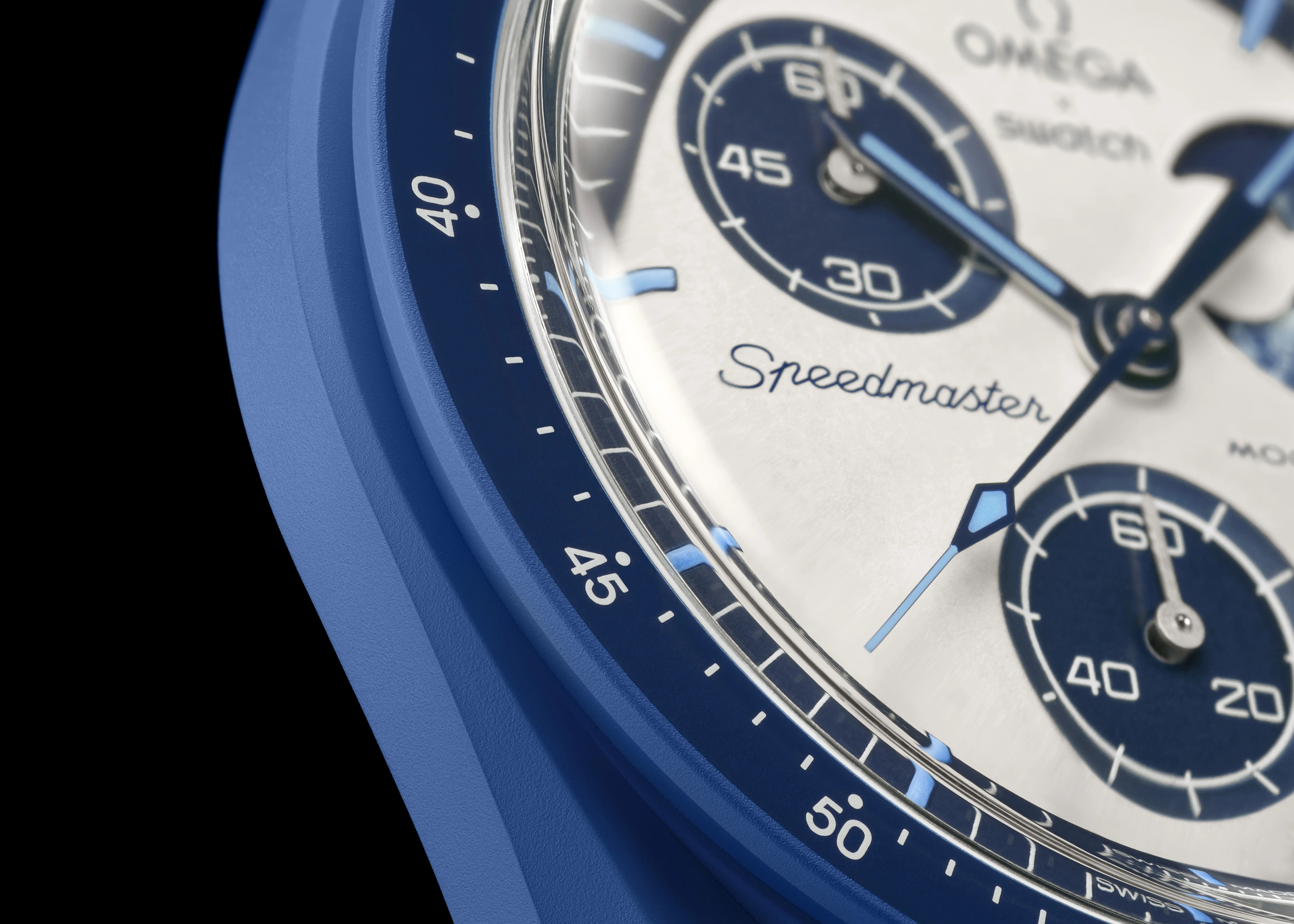 swatch x omega moonswatch watch bezel closeup