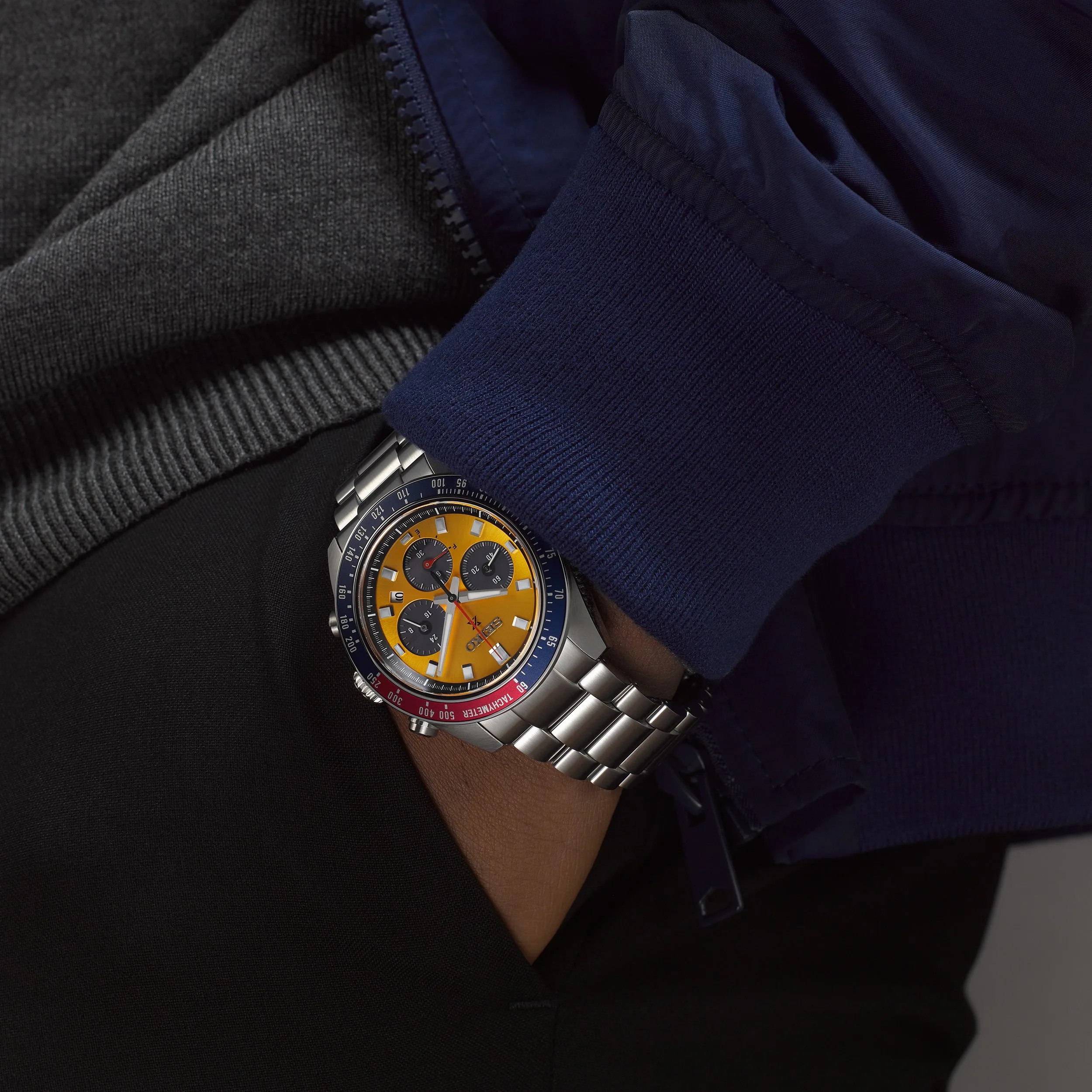 seiko chronograph watch on wrist