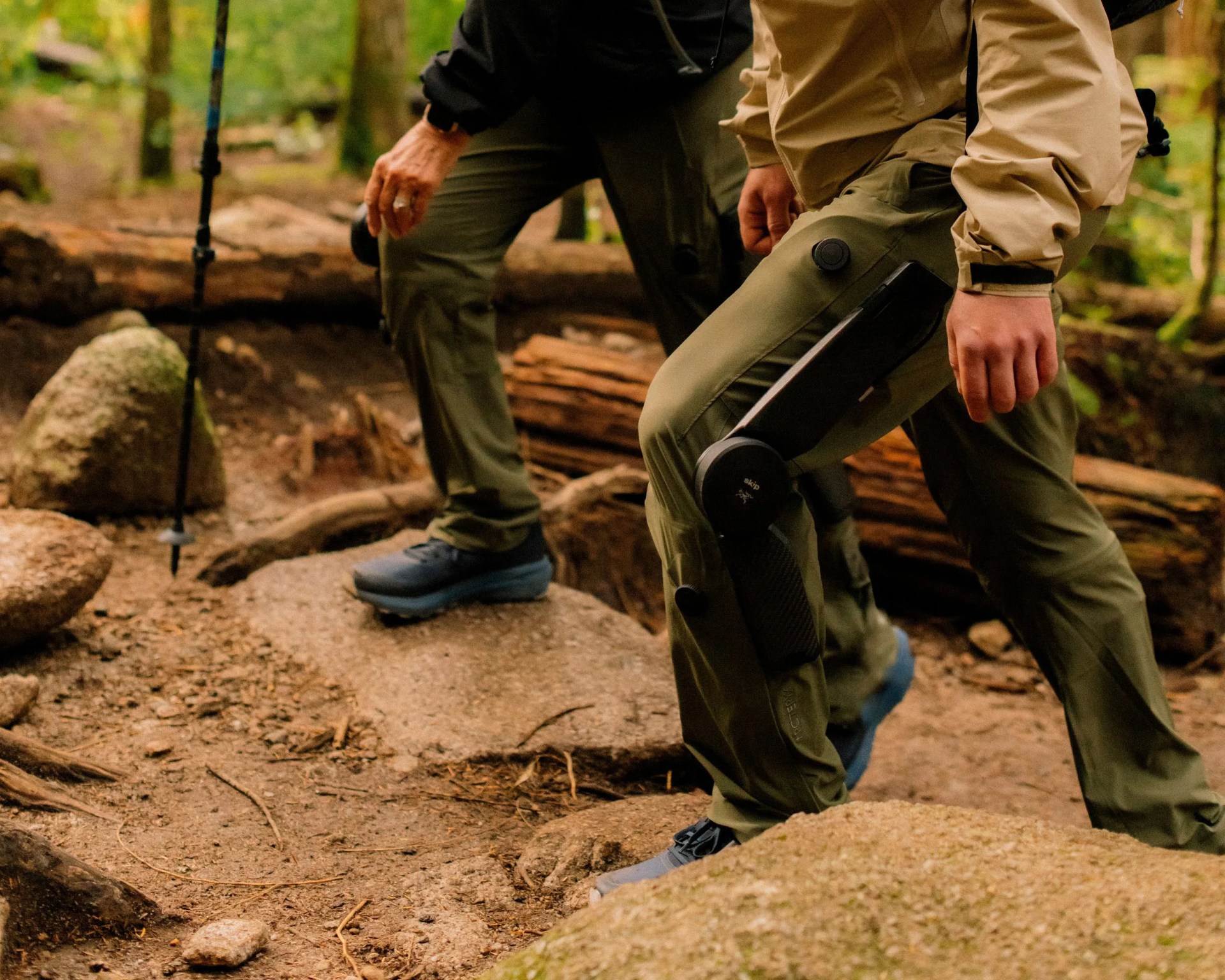 an exoskeleton equipped to a pair of hiking pants