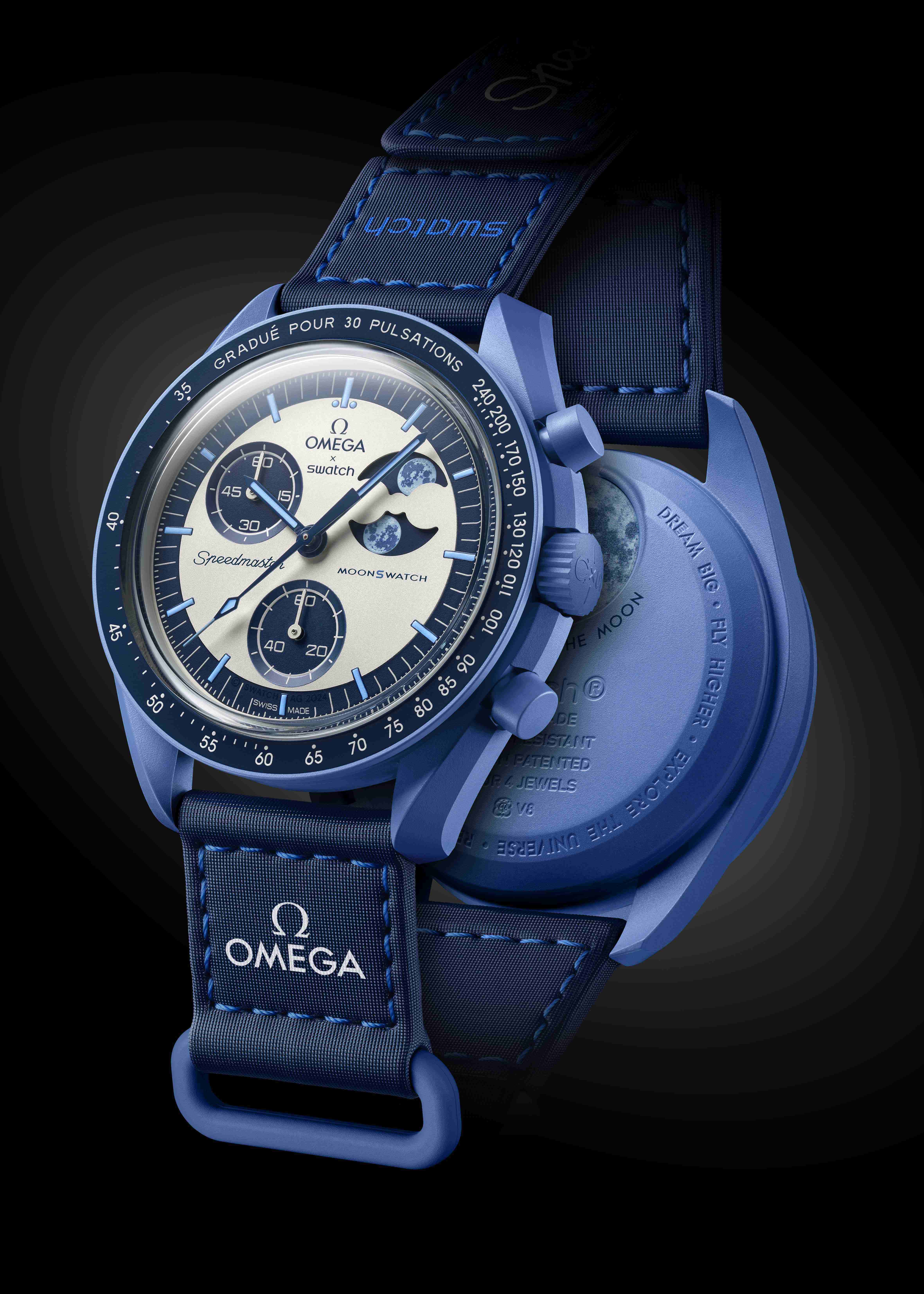 two swatch x omega moonswatches back to back