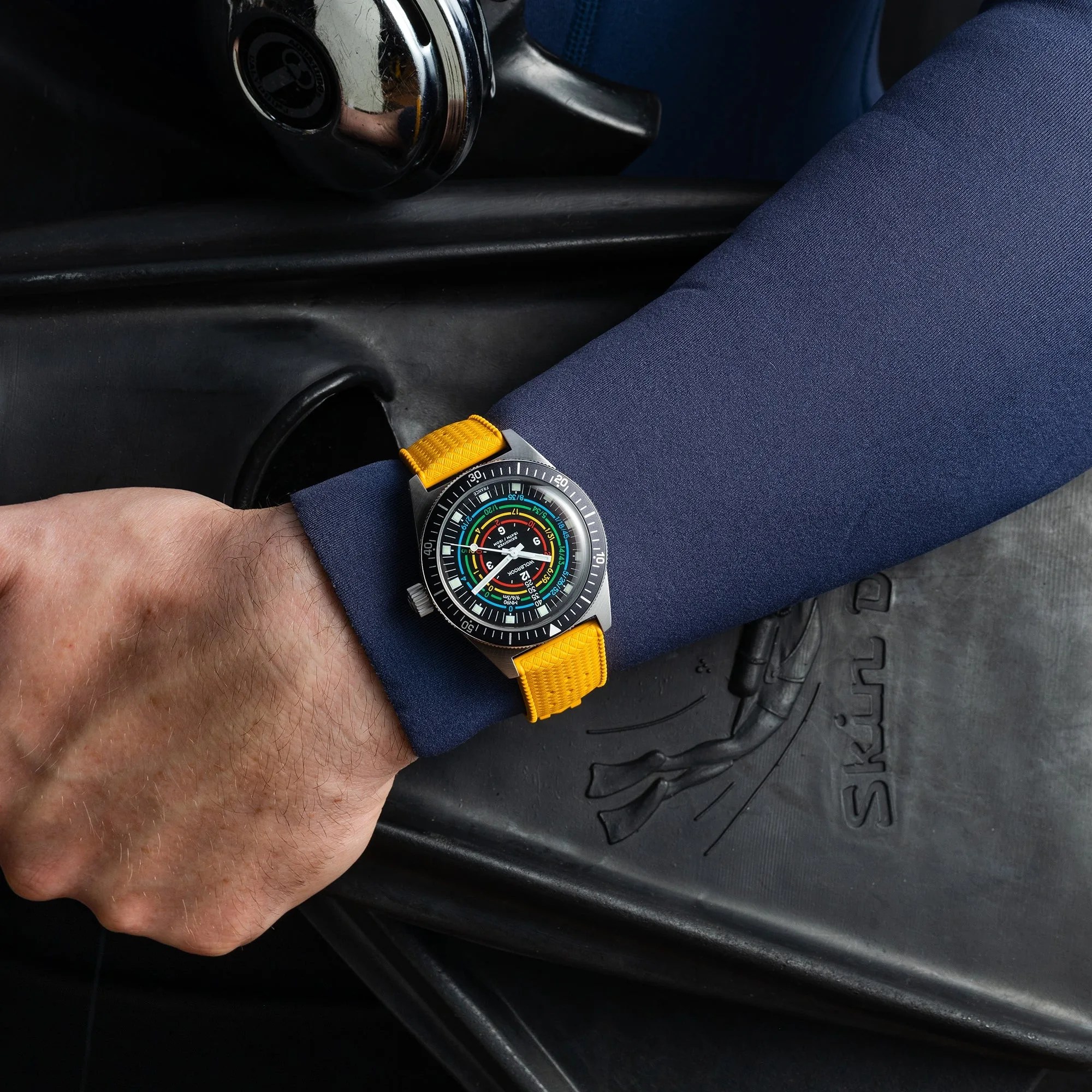 wolbrook dive watch on a diver's wrist