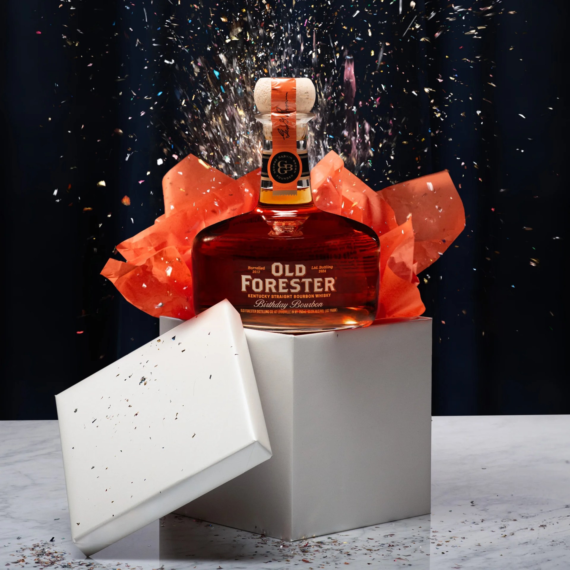 bottle of old forester bourbon in a gift box