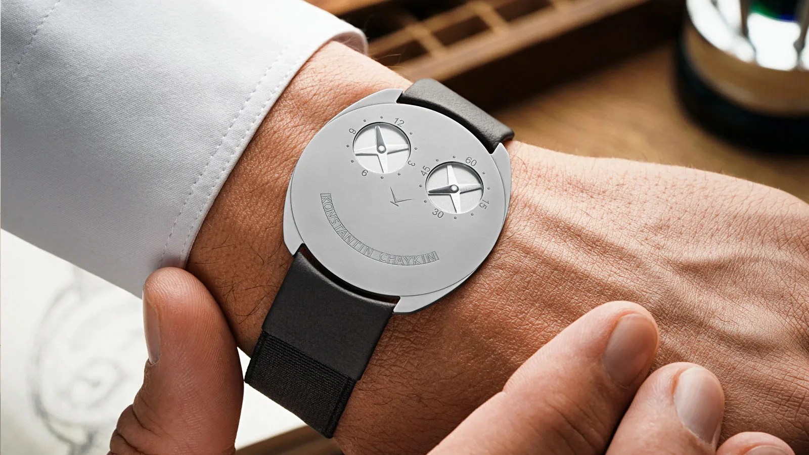 Konstantin Chaykin ThinKing watch shown in closeup on a man’s wrist.