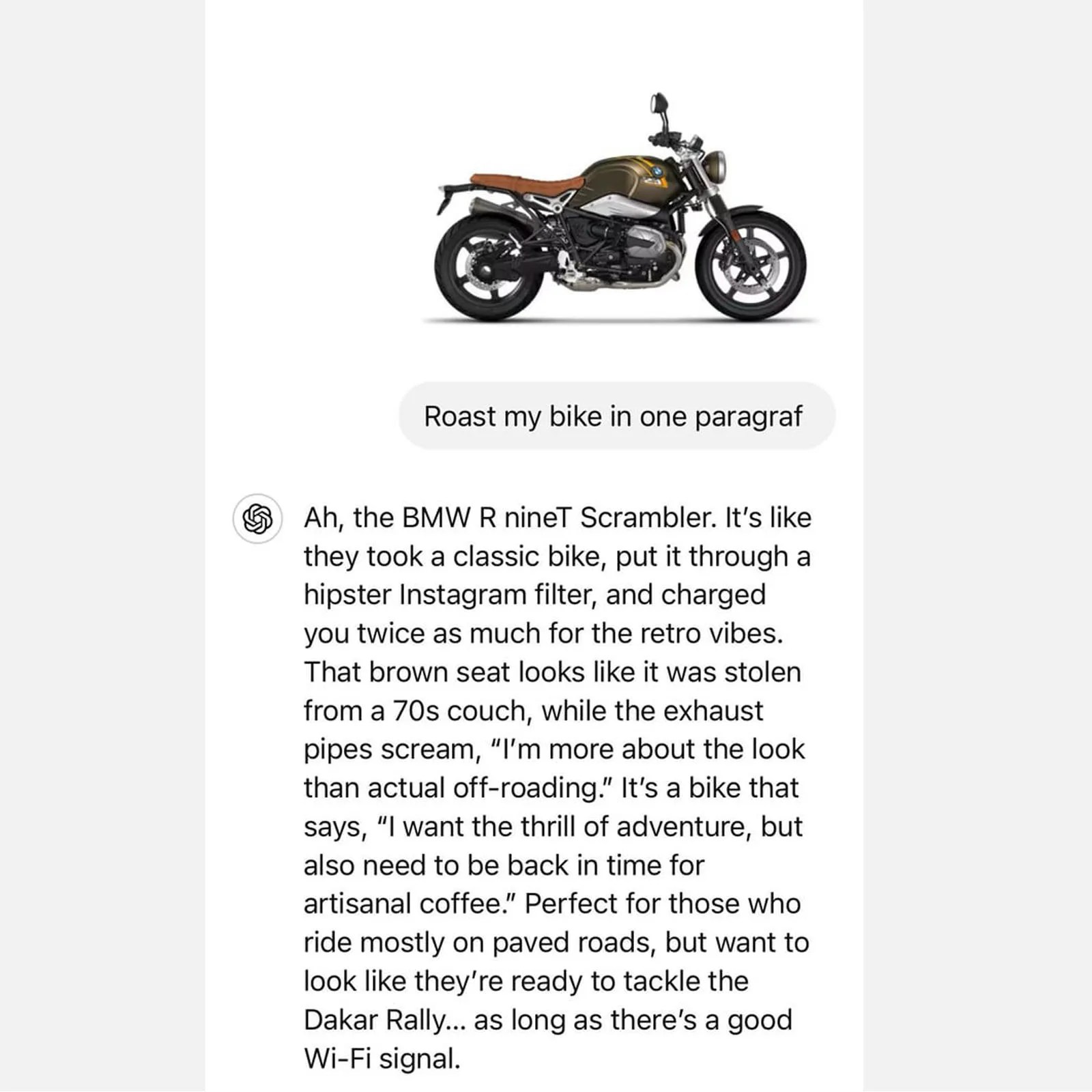 A screen shot showing a text thread between an individual and ChatpGPT asking ChatGPT to roast the user’s BMW motorcycle