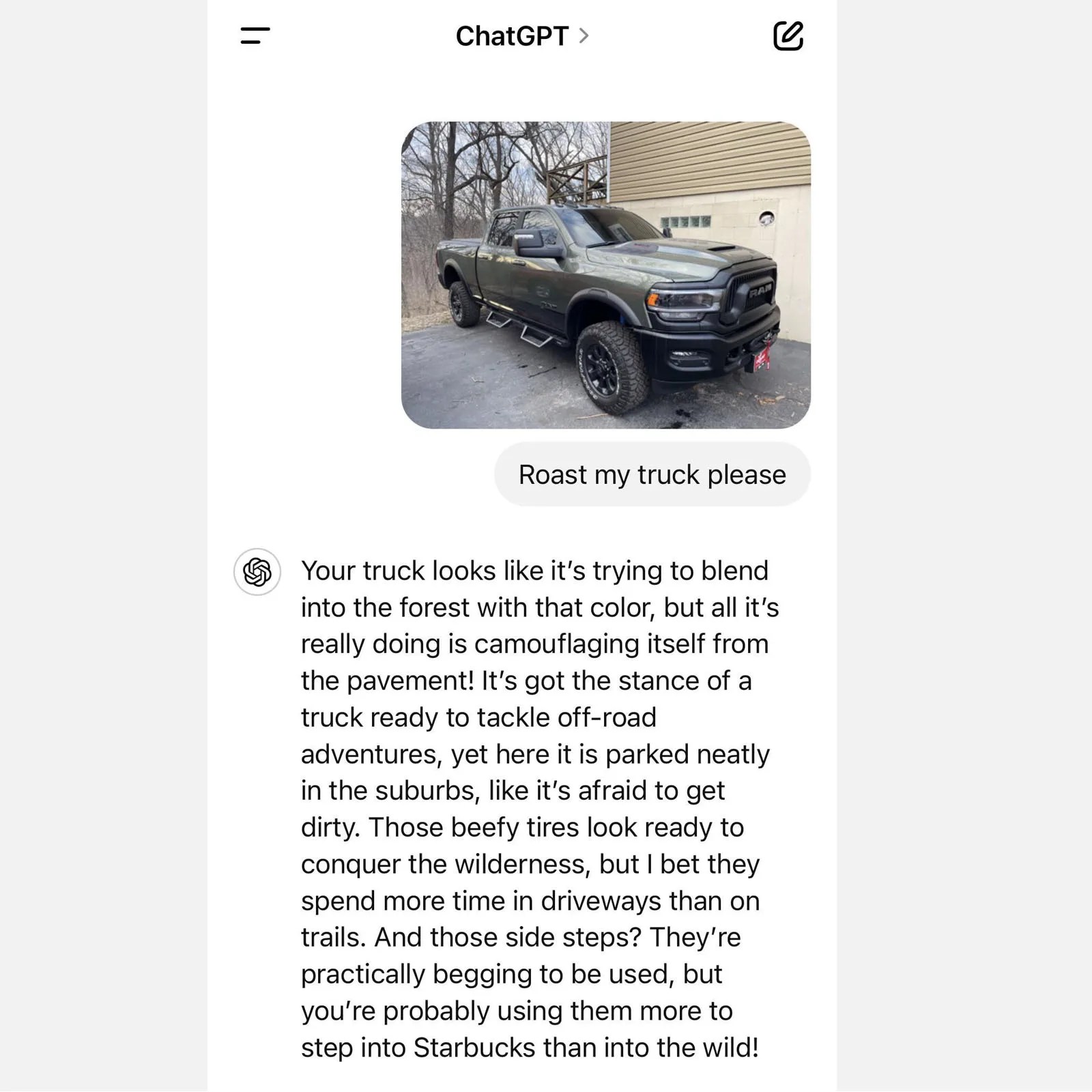 A screen shot showing a text thread between an individual and ChatpGPT asking ChatGPT to roast the user’s Dodge truck.