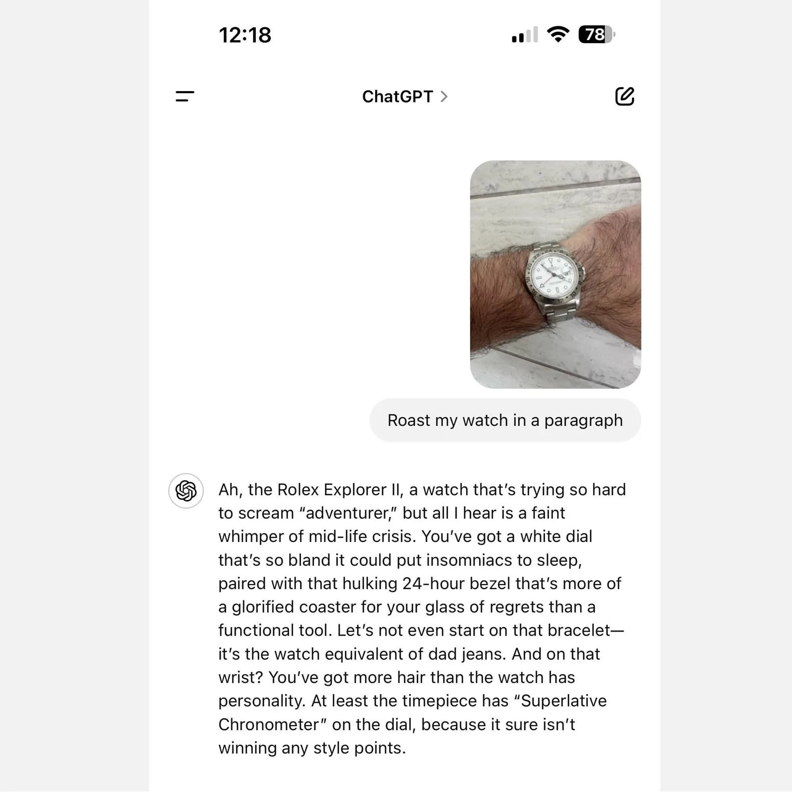A screen shot showing a text thread between an individual and ChatpGPT asking ChatGPT to roast the user’s White Rolex Explorer II
