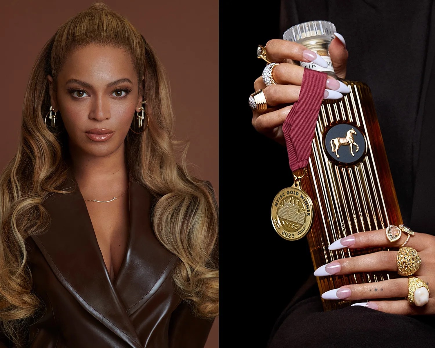a photo of beyonce next to a photo of her hands holding a bottle of sirdavis whiskey